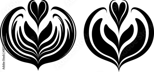 Minimalist latte art icon top view, Black and white top view of latte art in a coffee cup