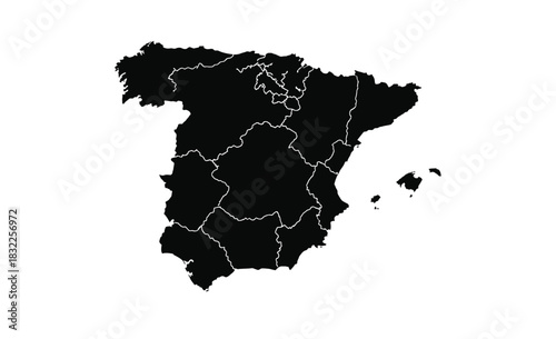 Black silhouette map of spain with province borders on white background