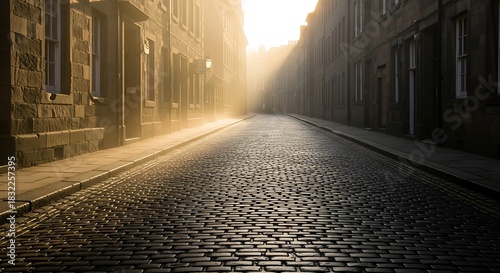 Morning Light, Cobblestone Street, Historic Town, Photography, Urban, Dawn, Serenity