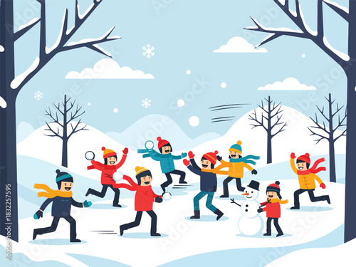 Children having a snowball fight outdoors in a snowy landscape with trees