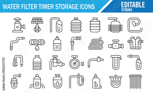 Water filter timer and storage outline icon set with purification system, cartridges, taps, tanks and pipes symbols for clean water supply, plumbing and home appliance design