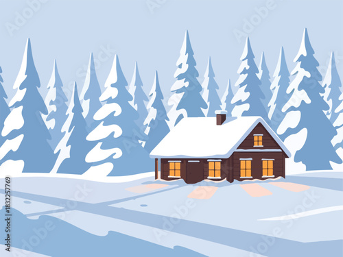 Cozy log cabin in a snowcovered forest during winter twilight