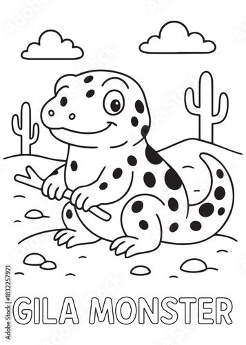 coloring book Gila Monster – a spotted gila monster sitting in the desert