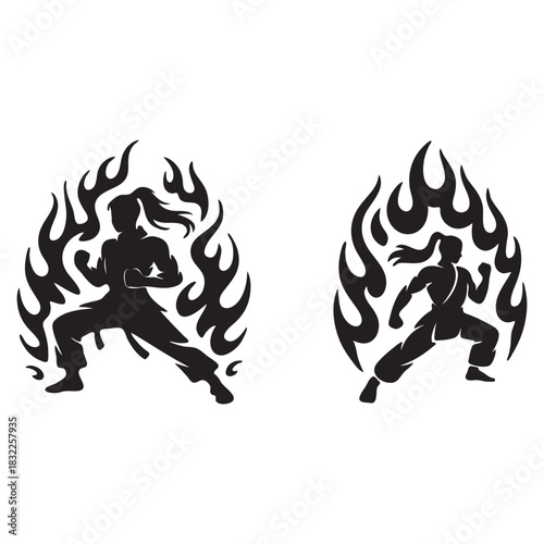 Two female karate fighters in fighting stances with flames