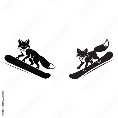 Two foxes snowboarding in silhouette winter