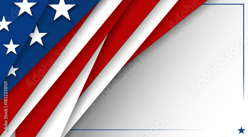 United States American flag USA patriotic papercut white banner, background, web, greeting card, poster, holiday cover, label, flyer, layout. Patriotic Social media print for presentation, information