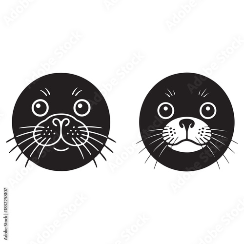 Two Stylized Black Seal Faces with White Details Keywords: seal, animal, marine, ocean, wildlife