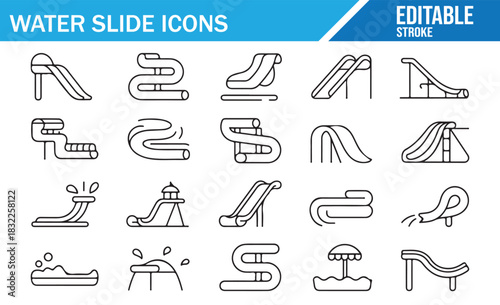 Waterpark attraction and slide outline vector icon collection