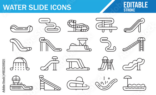 Aqua park and swimming pool slide linear icons for resort projects