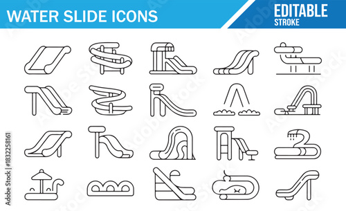 Water slide outline icon set with aqua park attractions, pool slides, tubes and splash rides symbols for summer resort, waterpark and recreation design