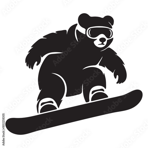 Bear snowboarding in silhouette with goggles winter