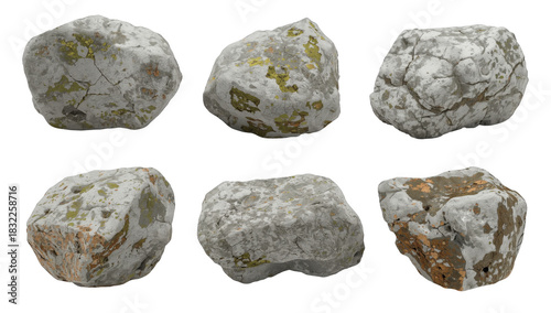 Collection of six rough gray rocks with natural textures isolated on transparent background