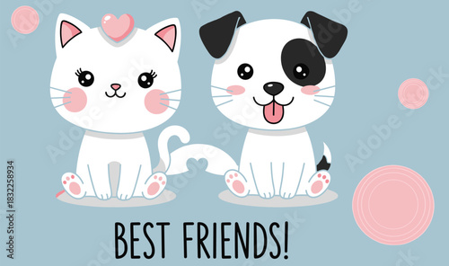 Cartoon cat and dog with heart tails, “Best Friends” theme, cute pet illustration, flat vector design