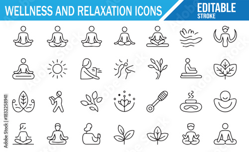Yoga and wellness activities linear icons set for healthcare and balance