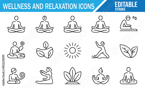 Wellness lifestyle and mindfulness minimal line icons for health projects