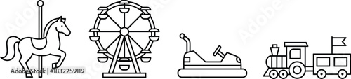 Amusement park ride icons, carousel, Ferris wheel, bumper car, train, entertainment theme, black and white, flat vector illustration