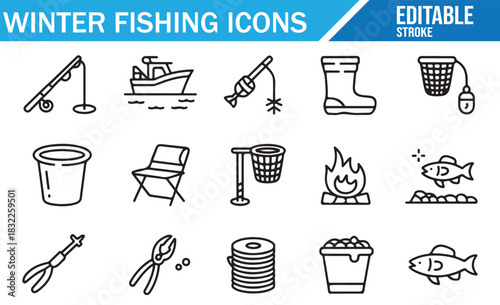 Winter fishing activity and equipment editable stroke icon collection