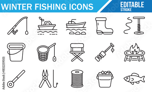 Professional ice fishing tools vector symbol set for winter sport illustration