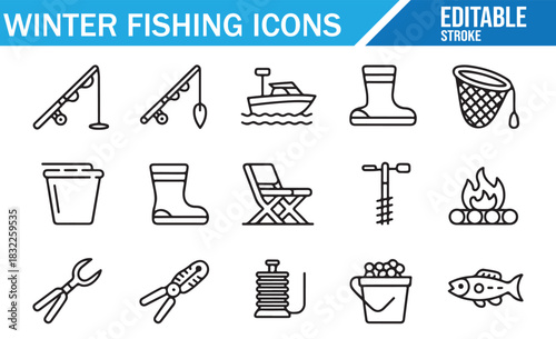 Cold season fishing gear and equipment outline icons for outdoor recreation