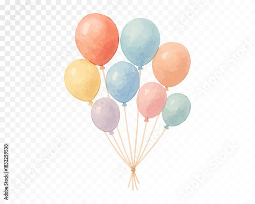 Watercolor pastel balloon bouquet with soft gentle tones, light glossy highlights and airy festive texture perfect for baby showers, birthdays, delicate party decor and creative designs. Vector