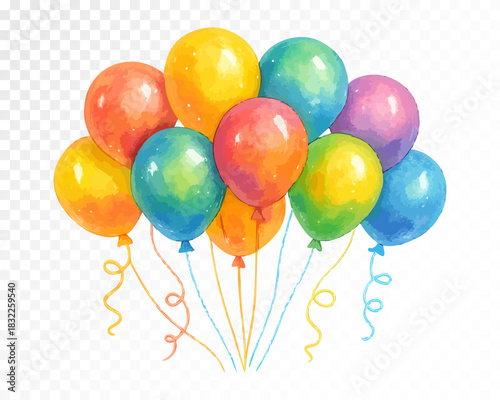 Watercolor colorful balloon bouquet with bright glossy shading, cheerful festive tones and soft textured highlights perfect for party decor, birthday celebrations and joyful creative designs. Vector