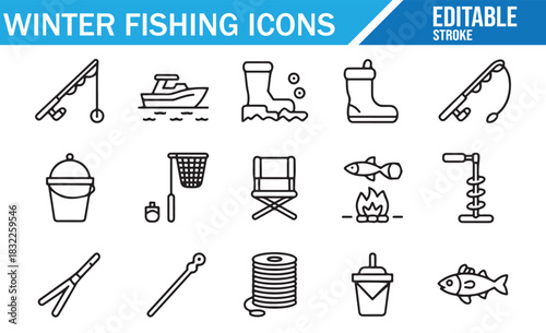 Ice fishing symbols and tools minimal line icon set for winter sports projects