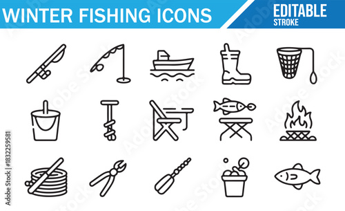 Winter outdoor fishing equipment vector outline icon pack isolated on white