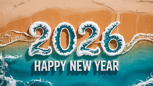 Happy new year 2026 written in sand on a beach with ocean waves