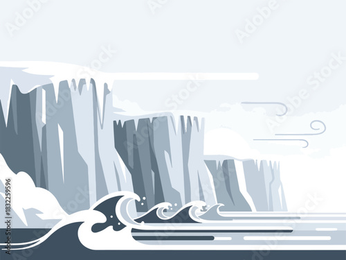 Stylized arctic ice cliffs meeting dark choppy water with wind lines