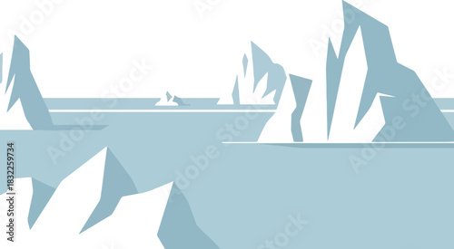 Stylized arctic scene with sharp flatshaded icebergs floating in pale blue water against a white sky