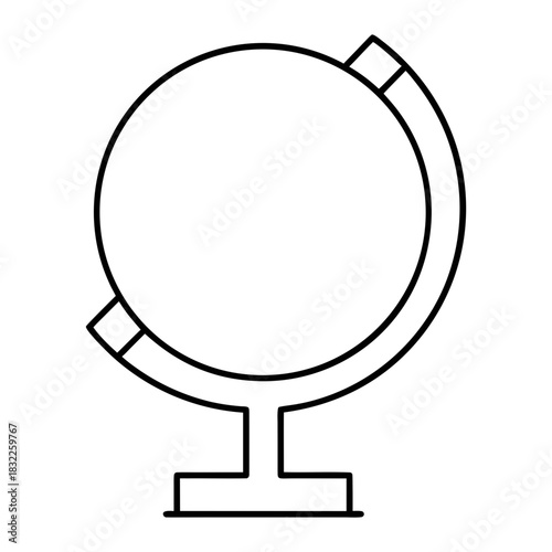 Outline drawing of a globe on a stand in black ink