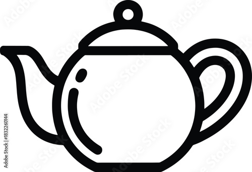 Black line art illustration of a round teapot with handle and spout kettle beverage