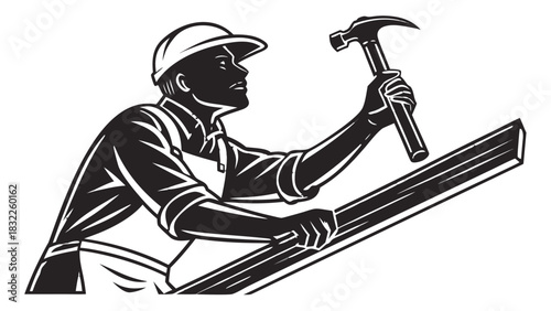 “Black carpenter silhouette vector, precise clean lines, holding a hammer and wooden plank, minimalistic style, high-contrast black design, isolated on transparent background.”