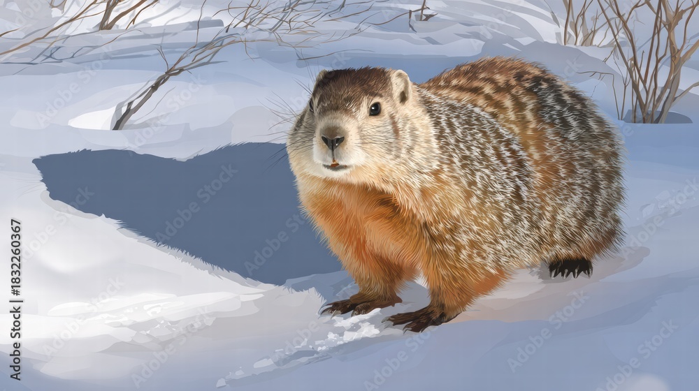 Obraz premium Groundhog Day outdoor scene with cute rodent, festive decorations, and winter charm