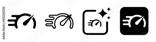 Speedometer icon with needle pointing right to represent faster performance in clean black vector illustration
