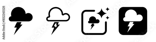 Thunderstorm icon with cloud and lightning representing severe weather in black vector illustration