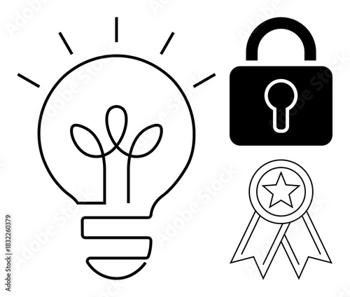 Lightbulb symbolizes creativity, lock represents security, ribbon signifies recognition. Ideal for ideas, innovation, safety, achievement, intellectual property success creative concepts. Simple