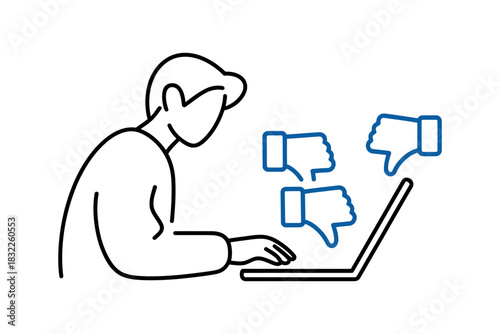 Person typing on a laptop computer receiving negative feedback with thumbs down icons.