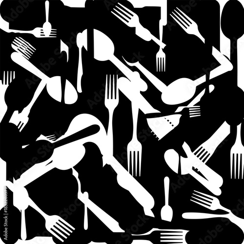 Black and white cutlery pattern featuring forks and spoons for kitchen and restaurant design elements