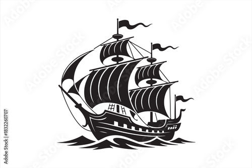 Pirate style sailing ship monochrome silhouette illustration