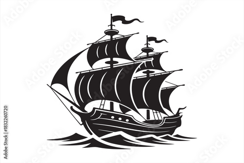 Vintage sailing ship silhouette vector isolated on white
