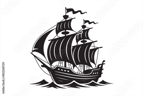 Vintage sailing ship silhouette illustration isolated on white background, classic nautical vessel with sails and flags for maritime, adventure, travel, history and ocean exploration concepts