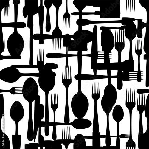 Black and white cutlery pattern background with forks spoons and knives kitchen utensils seamless design