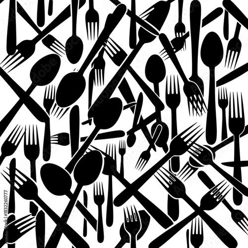 Black and white cutlery pattern background with forks spoons and knives kitchen utensils wallpaper design