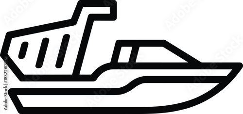 Black outline illustration of a modern speed boat with cabin speedboat yacht