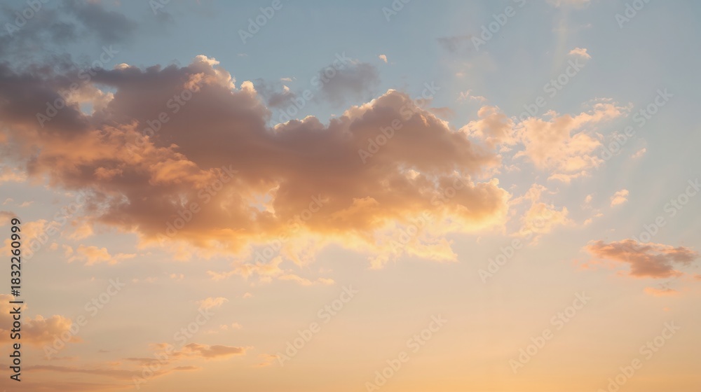 Fototapeta premium Orange sunlight gives the puffy clouds a warm glow as they float across the pale blue sky.