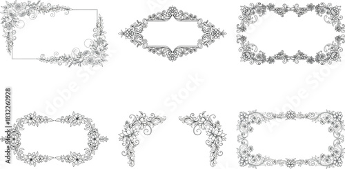 Collection of six elegant floral frames isolated on transparent background, perfect for adding a touch of nature to your designs