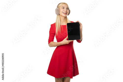 Smiling girl showing tablet