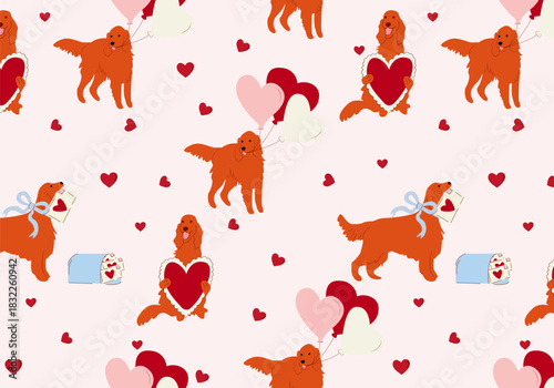 Seamless pattern with dogs with balloons and hearts and letters for Valentine's Day Festive background for celebrating Valentine's Day Vector background