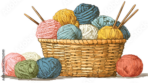 Colorful Yarns in a Basket and Yarn Skeins Arranged with Basket Vector